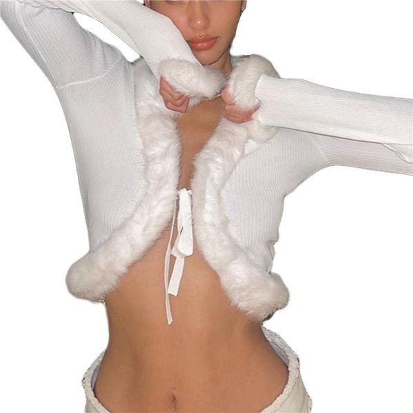 

women's knits & tees women v-neck solid color long sleeve knitting crop tie-up fur trim cardigan autumn casual slim fit, White