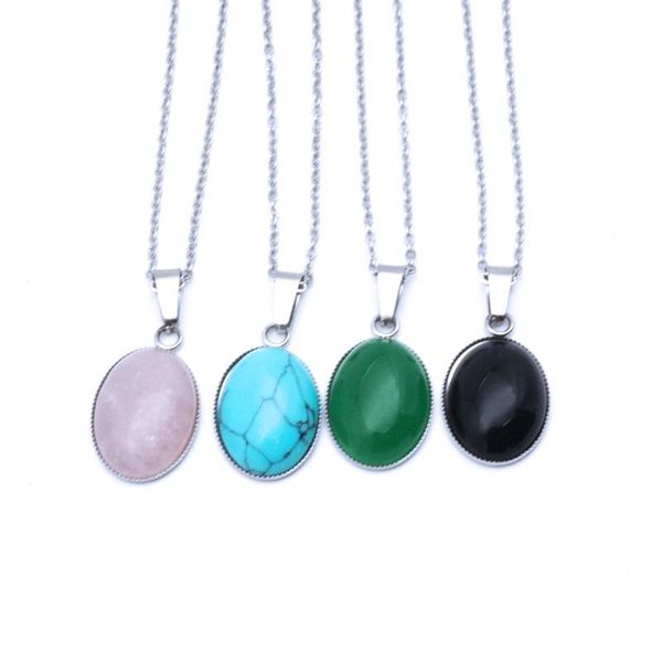 

pendant necklaces oval dyed & glass natural stone necklace stainless steel chain druzy opal blue pink crystal collar for women men gift, Silver