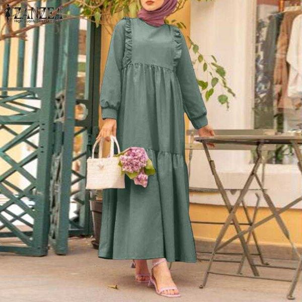 Muçulmanas Hijab vestido mulheres manga longa marocain kaftan maxi vestido outono impresso vestidos feminino solto robe plus tamanho 210712