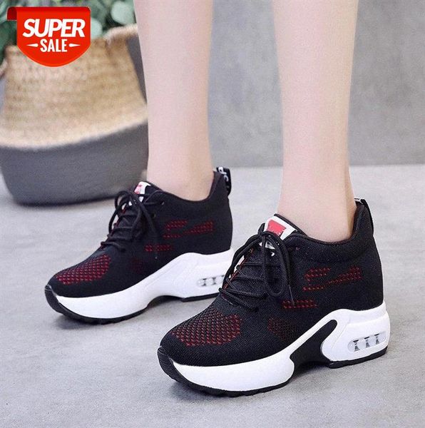 

women's sneakers knitted elastic mesh shoes women 2021 spring sequined bling lace up platform wedge height increasing vulcanized #aj75