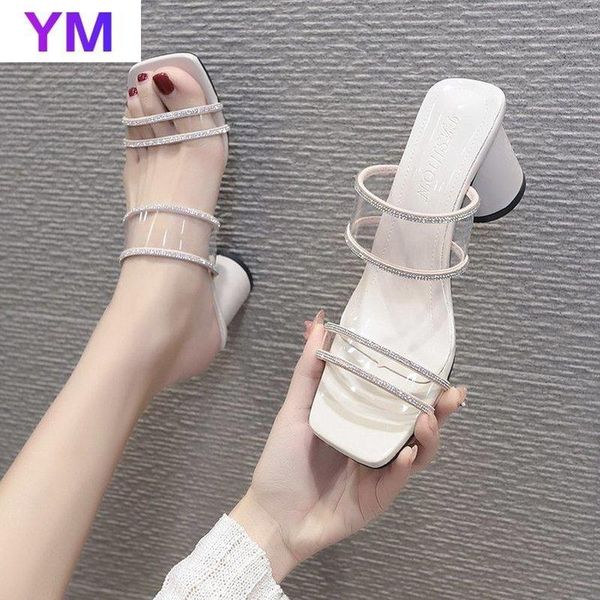 

women sandals pvc flip flop transparent square toe fine round heel open toes shoes outdoor ladies gladiator 2021 summer, Black