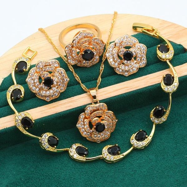 

earrings & necklace wedding gold color jewelry sets for women party black zircon bracelet pendant bride ring christmas gift, Silver