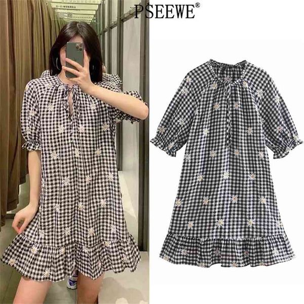 Schwarz Weiß Plaid Stickerei Frau Sommerkleid Kurze Puffärmel Floral Mini Frauen Mode Lässig es 210519