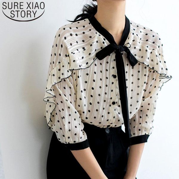 

women's blouses & shirts womens and 2021 ladies chiffon blouse bow blusas half button dot batwing sleeve ruffles 5255 50, White