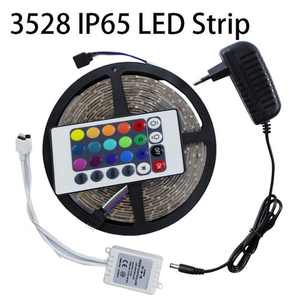 

3528 rgb flexible led strip waterproof 300leds + 24key ir remote controller dc12v 2a power adapter strips