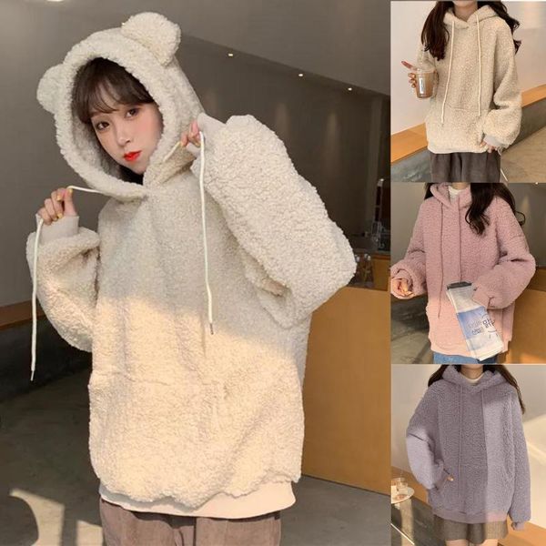 

women's hoodies & sweatshirts cute bear ears winter warm thick hoodie korean style casual kawaii sweatshirt loose hooded sweat, Black