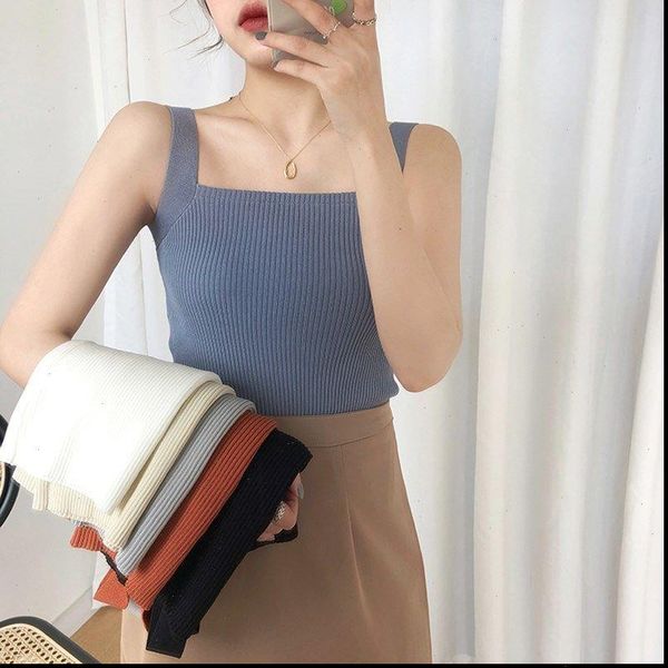 

summer square collar women camis solid color sleeveless pullover knitted, White