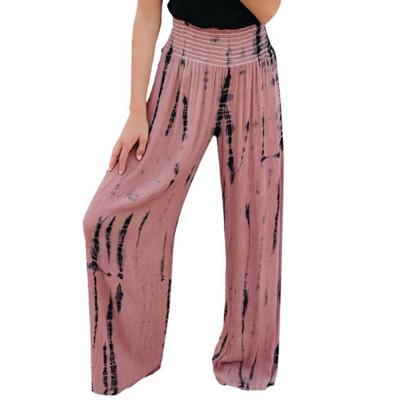 

women's pants & capris women tie-dye printed wide-leg casual solid color long elastic waist floral print loose fashion female trousers, Black;white