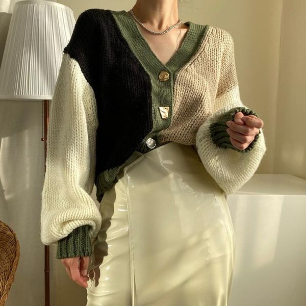 

women's knits & tees knitted color patchwork short women sweater cardigan loose long lantern sleeve v-neck autumn winter casual female, White