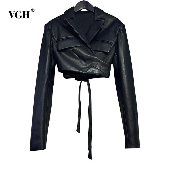 

women's jackets vgh casual black pu leather lace up short spring jacket lapel long sleeve korean fashion solid female 2021 style, Black;brown