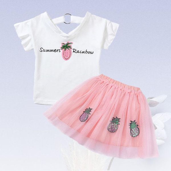 

clothing sets 2-7age girl summer clothes two-piece letter printing short-sleeved sweatshirt t-shirt + half-length skirt quality child, White