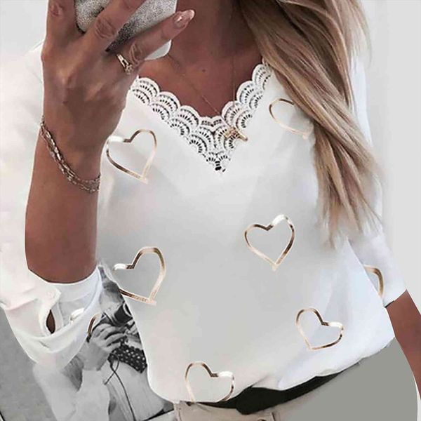 

white lace hearts print womens shirts v neck patchwork long sleeve office lady