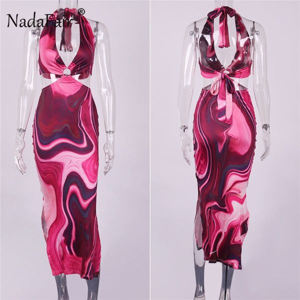 

2021nadafair tie dye summer dress women waist cut out backless halter robe 2021 festival clubwear bodycon party maxi dresses, Black;gray