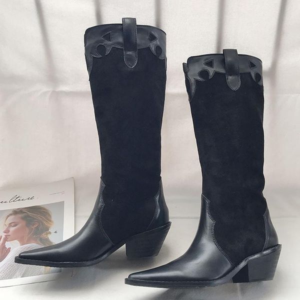 

boots 2021 women vintage color match point toe pu leather western cowboy knee-high motorcycle slip on block heel shoes, Black