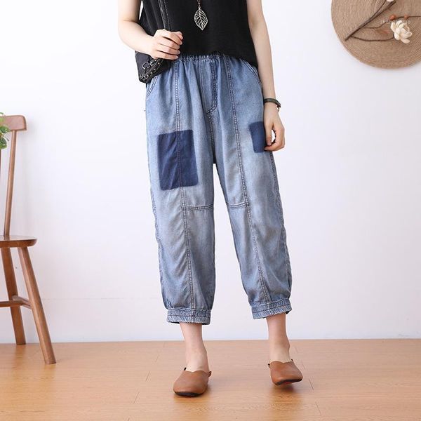 

women's jeans summer women vintage loose bleached washed wild female ankle-length denim pants casual tide, Blue