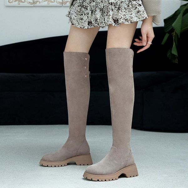 

boots women's over the knee high all-match woman winter with zippers cow suede keep warm platform botines botas mujer, Black