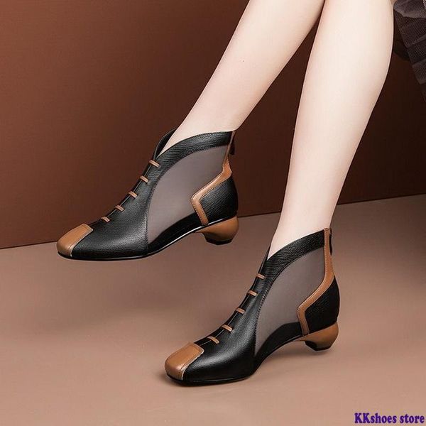 

boots mesh women's shoes ankle sandals 2021 summer square mid heel back zip soft leather female footwear black beige