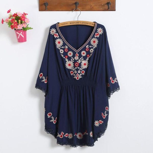 

women's blouses & shirts black blue floral embroidery mexican blouse summer batwing sleeve vintage hippie ethnic print women loose fem, White