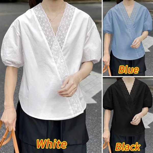 

plus size women blouses casual short sleeve v neck cotton shirts loose baggy lace patchwork bohemian blusas femininas women's &, White
