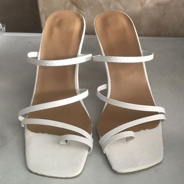 

women 2021 summer pu slippers square toe high thin heel cross flip flops solid color ladies fashion, Black