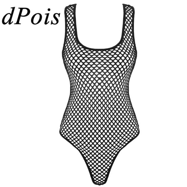 

women hollow out fishnet bodysuit female deep u neck sleeveless one-piece high cut thong leotard rave clubwear women's jumpsuits & romp, Black;white