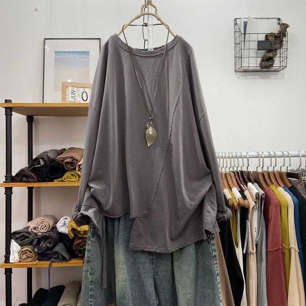 

spring/autumn arts style women loose casual o-neck cotton patchwork t shirt long sleeve asymmetrical t-shirt w67 210608, White
