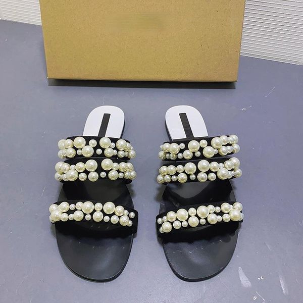

slippers 2021 brand lady fashion flat heel black open toe pearl women outdoor sandals