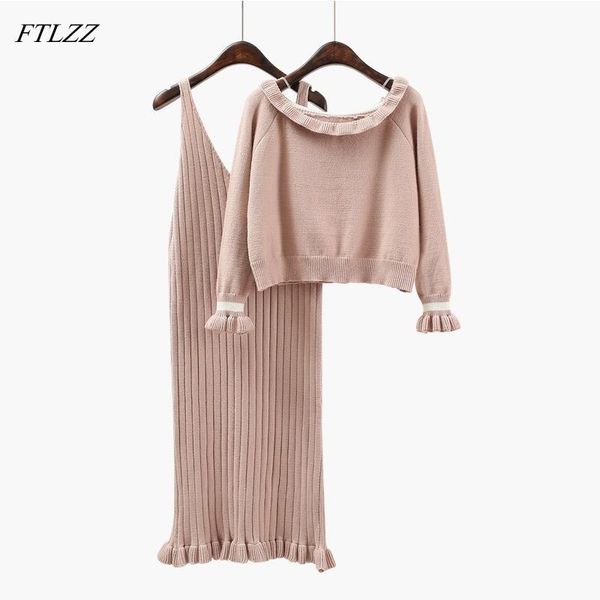 

women's two piece pants ftlzz autumn winter pullover knitted dresses suit 2 set women sweater + knee skirt high waist female sets, White