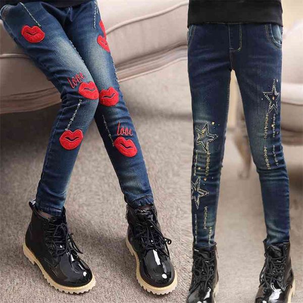 Симпатичные звезды Детские джинсы весенние малыши девочки джинсовые брюки красные губные брюки хлопчатобумажные для больших детей тощий карандаш брюки 3-16т 210317
