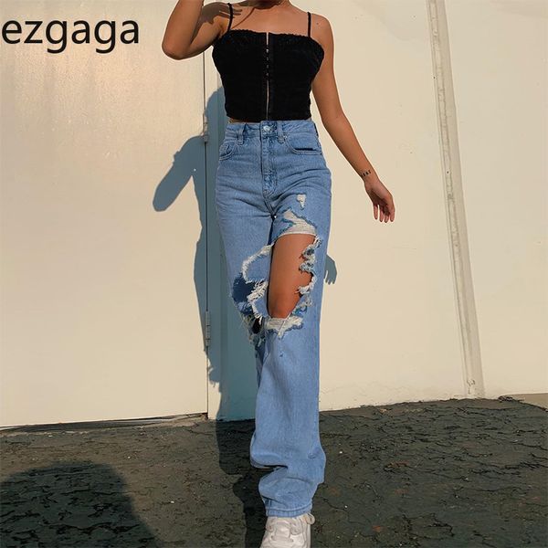 

ezgaga ripped jeans for women casual vintage high waisted denim pants hip hop trouser high street femme pantalon fashion 210430, Blue
