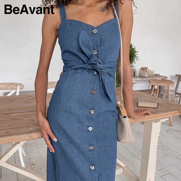 Beavant Seksi Kayış Uzun Denim Elbise Kadınlar Vintage Düğme Ön Yay Kemer Yaz Elbiseler Bahar Bayanlar Ofis Elbise Kadın 210709