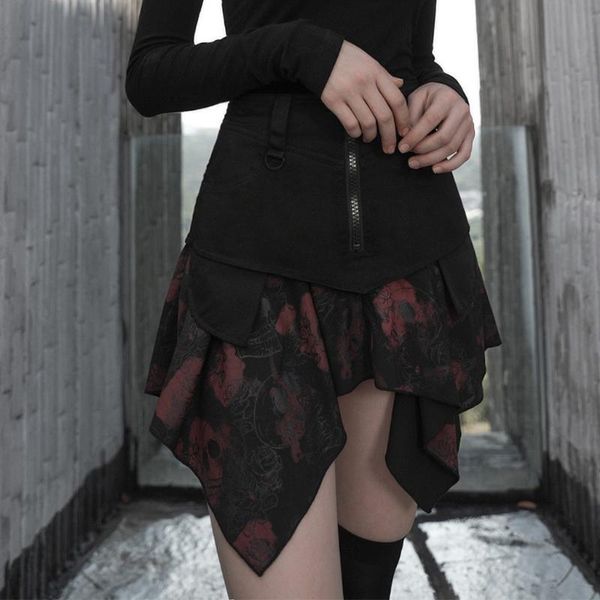 

women's gothic squares printing mini skirts fashion pure cotton sharp corner hem casual mid-waist skirt, Black