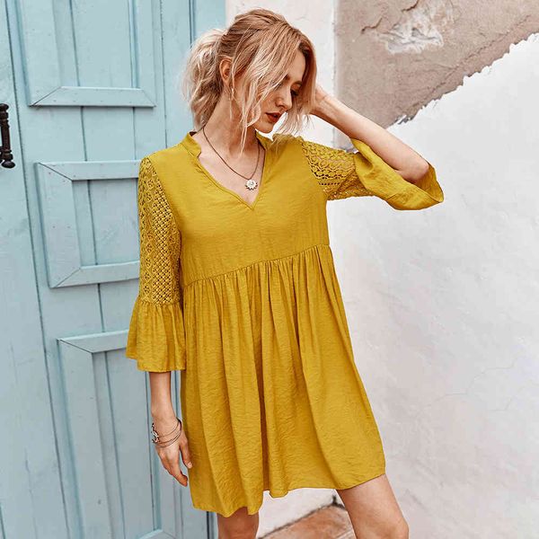 

dress hollow out patchwork lace dress women 2021 spring summer three quarter sleeve v neck ladies casual loose solid color dresses g21g, Black;gray