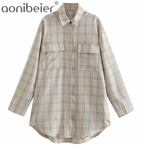 

women's blouses & shirts aonibeier 2021 summer autumn drop shoulder plaid shirt flap pockets long sleeve curved hem women loose high lo, White