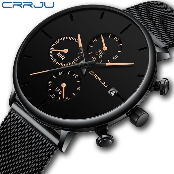 

wristwatches crrju 2021 men watch simple chronograph mesh quartz classic black face with luxury rose golden pointers date clock, Slivery;brown
