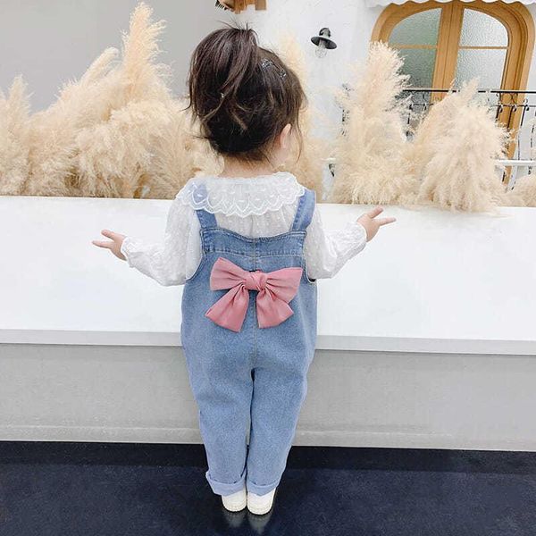 

clothing sets girls' two-piece suit 2021 korean children's fashion baby denim overalls spring and autumn 3-7 birthday toddler clot, White