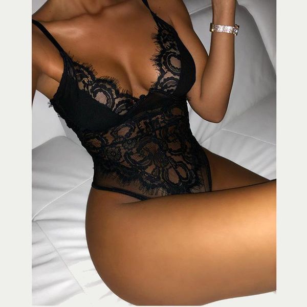 

women's jumpsuits & rompers women bodysuit lace jumpsuit adjustable strap halter lingerie sleepwear lenceria para mujer combinaison fem, Black;white