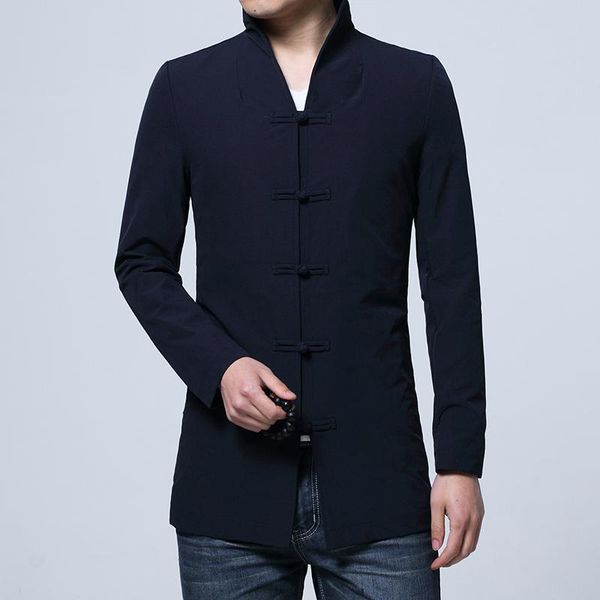 

men's jackets spring autumn chinese style retro stand-collar long sleeve 2xl blue black fashion casual men coat slim and elegant, Black;brown