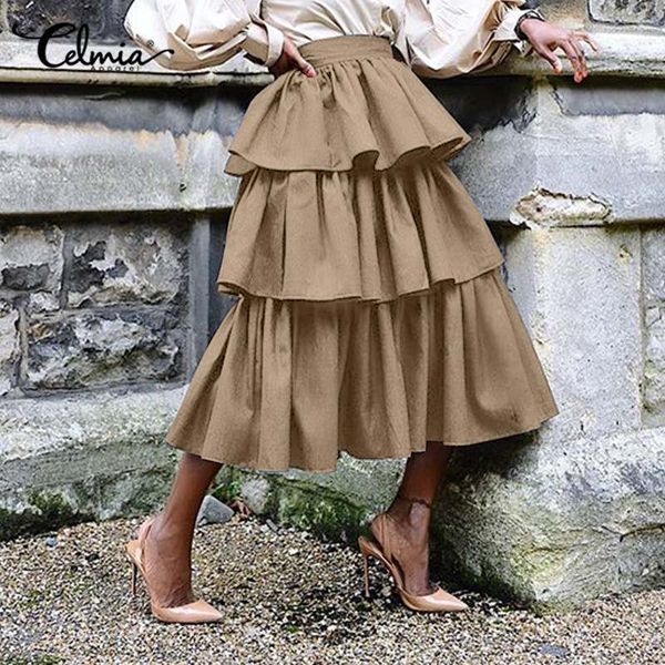 

skirt celmia women 2021 elegant cake-skirts fashion ol ruffles skirts casual loose solid a-line party streetwear midi skirt 5xl, Black