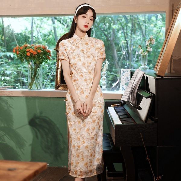 

luxury casual dresses print double layer cheongsam drs in 2021 summer, Black;gray