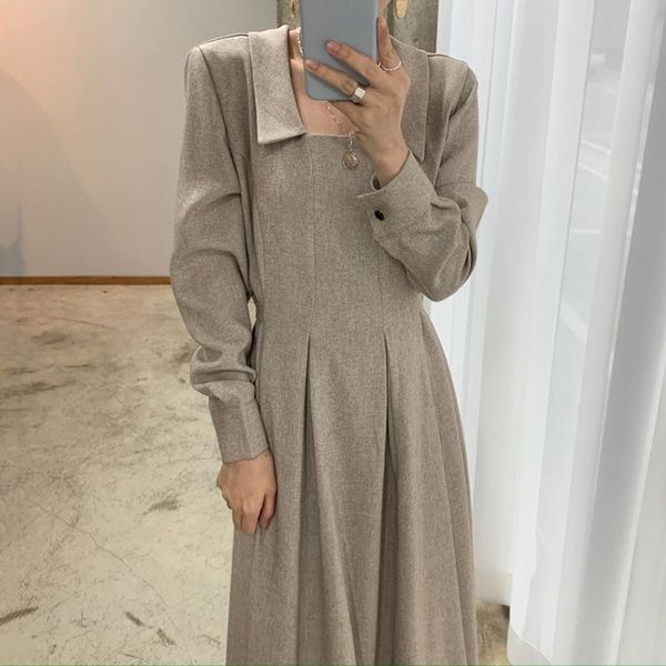 

casual dresses [ewq] 2021 autumn winter female loose square collar solid color long sleeve minimalist a-line pleated hem dress 8d608, Black;gray