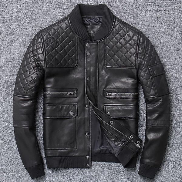 

men's leather & faux genuine men real sheepskin motorcycle biker jacket casual slim bomber baseball male winter outerwear, Black