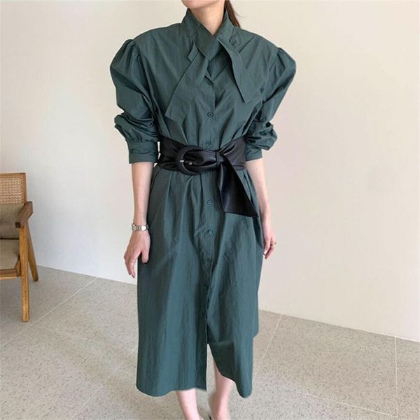 

women chic sashes dress lace up stand collar puff sleeve dresses autumn solid color single breasted femme bandage vestidos gk407 210507, Black;gray