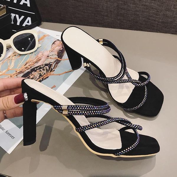 

women high heels crystal sandals 2-way footwear cross band beach slippers ladies flipflops open toe wedges rhinestone shoes, Black