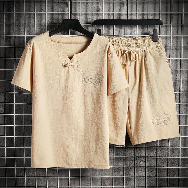 

summer clothes linen shirt mens tracksuits shorts set breathable fashion streetwear solid color short sleeved sets, Gray