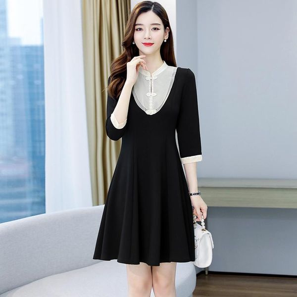 

casual dresses 2021 fall fashion women's dress patchwork vintage black cheongsam elegant a-line clothing female plus size ladies, Black;gray