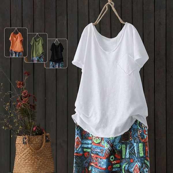 

women's t-shirt oversized cotton solid women t-shirts summer 2021 vintage pocket loose causal all match female pulls tees, White