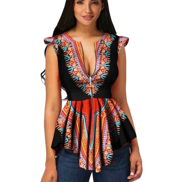 

women's blouses & shirts summer blouse casual slim slit women zipper african printing sleeveless tunic shirt, White