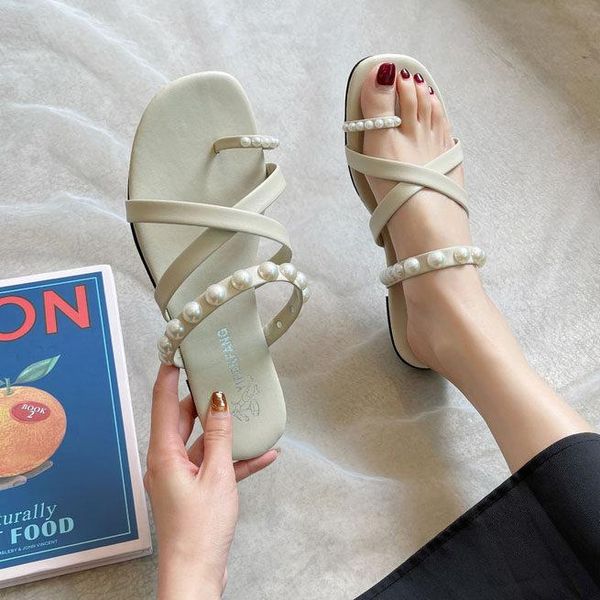 

slippers women's 2021 summer european and american style exaggerated casual pearl-shaped flat ladies flip flop sandals women, Black