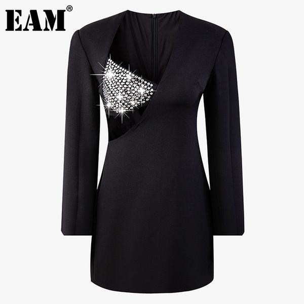 

[eam] women black hollow out spliced slim dress v-neck long sleeve loose fit fashion spring autumn 1dd7693 210512, Black;gray
